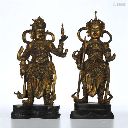 TWO CHINESE GILT BRONZE STANDING GUARDIAN