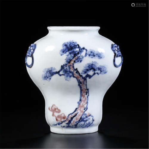 CHINESE PORCELAIN BLUE AND WHITE RED UNDER GLAZE PINE WALL HANGED VASE