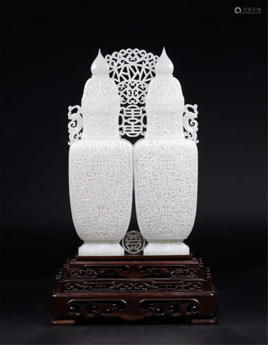 CHINESE WHITE JADE LINKED SQUARE VASES