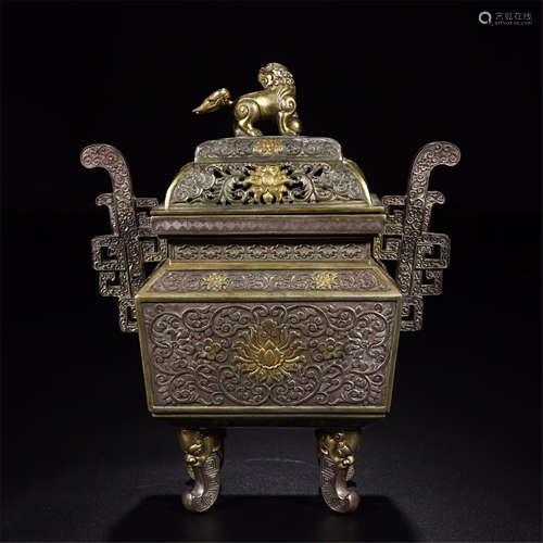 CHINESE GILT BRONE FOUR GEET LIDDED SQUARE CENSER