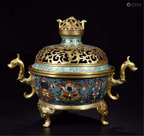 CHINESE CLOISONNE DRAGON HANDLE LIDDED TRIPPLE FEET CENSER