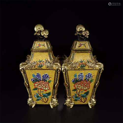 PAIR OF CHINESE CLOSIONNE SQUARE LIDDED LINGCHI VASE