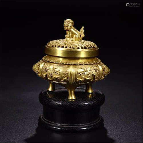 CHINESE GILT BRONZE TRIPLE FEET LIDDED CENSER