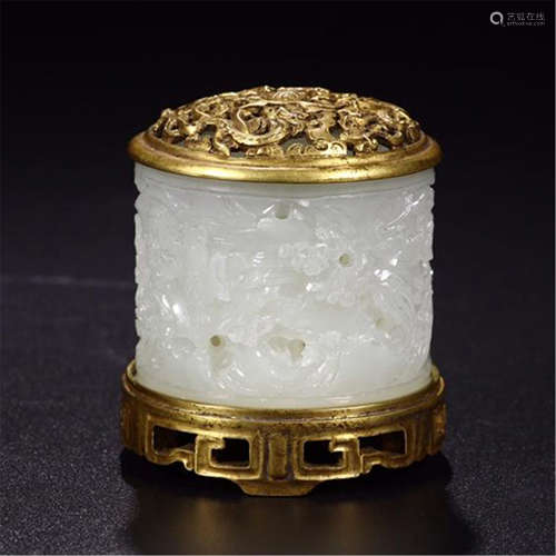 CHINESE WHITE JADE ARCHER'S RING WITH GILT BRONE LIDDER AND BASE