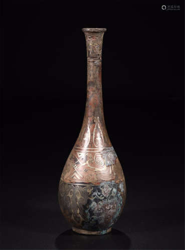 CHINESE SILVER INLAID BRONZE LONG NECK VASE