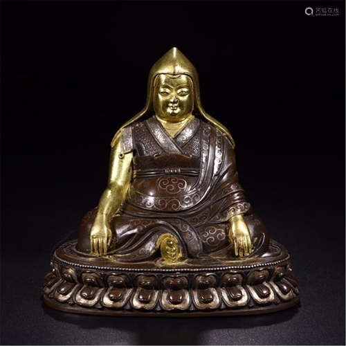 TIBETAN PARTLY GILD BRONE SEATED TSONGKAHPA