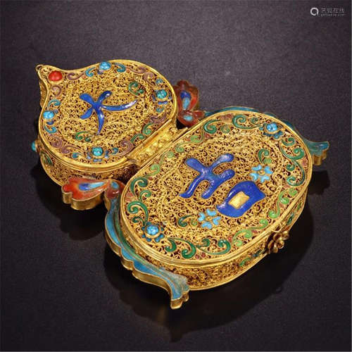 CHINESE GEM STONE INLAID GILT SILVER ENAMEL DOUBLE GOURD INCENSE CAGE