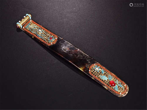 CHINESE GILT SILVER GEM STONE INLAID HAIR PIN