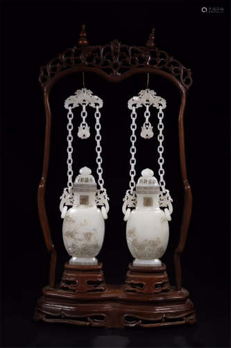 PAIR OF CHINESE WHITE JADE LOOP HANDLE FLATTEN SQUARE VASES