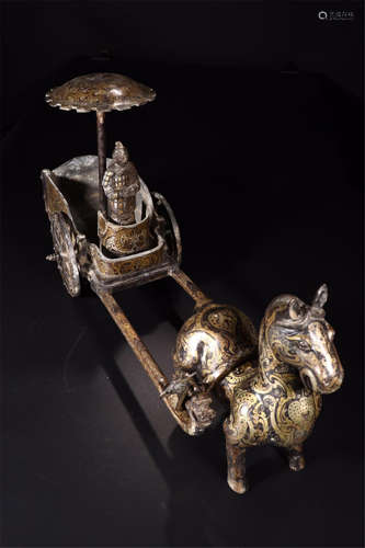 CHINESE SILVER GOLD INLAID BRONZE CART AND HORSE TABLE ITEM