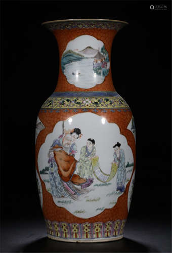 CHINESE PORCELAIN RED GLAZE FAMILLE ROSE BEAUTY VASE