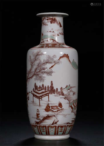 CHINESE PORCELAIN RED AND GREEN MOUNTAIN VIEWS VASE