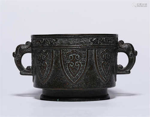 CHINESE BRONZE HANDLED ROUND CENSER