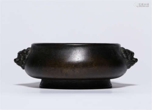 CHINESE BRONZE LION HEAD HANDLE ROUND CENSER