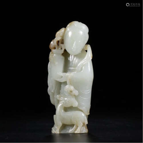 CHINESE GREY JADE STANDING BEAUTY WITH DEER TABLE ITEM