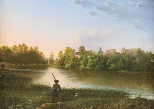 GERMAN SCHOOL c. 1839 Hunter by a lake Oil on canvas