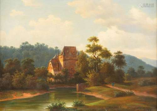 GERMAN SCHOOL 2nd half 19th C. Castle by a lake Oil on