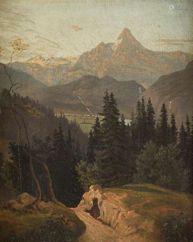 W. DOLLE Active c. 1880 Countrywoman in Alpine scenery