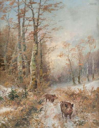 THEODOR WAGNER 1800 - 1880 Wild boars in winter forest