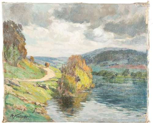 OSKAR KASPER 1876 - ? River landscape in summer Oil on