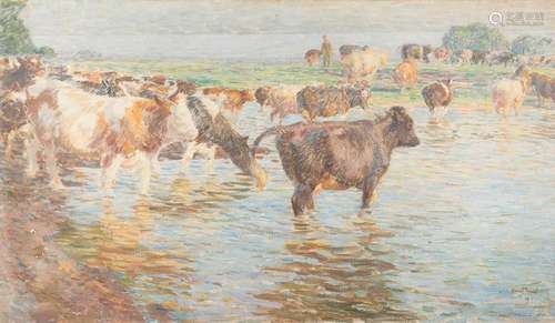 ERNST PAUL 1877 - 1947 Cows in the ford Oil on canvas.