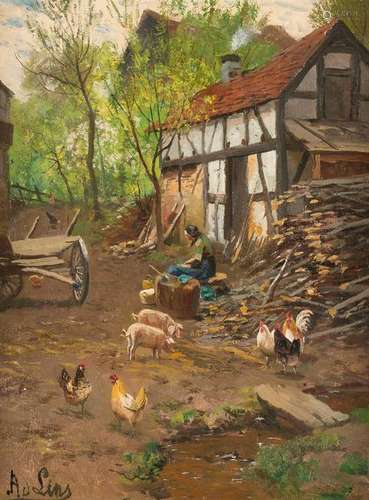 ADOLF LINS 1856 Kassel - 1927 Duesseldorf On a farm Oil