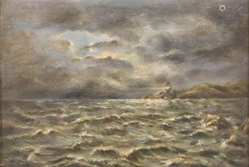 E. HOMMEL Act. c. 1948 Lighthouse by the sea Oil on