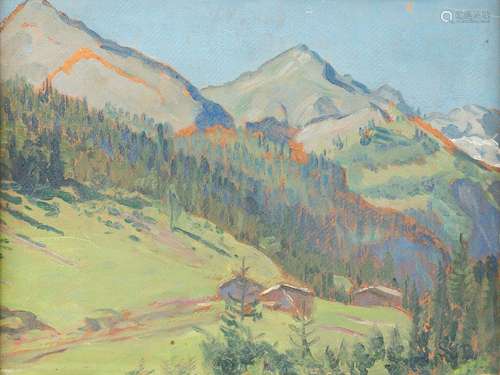 MONOGRAMIST SJR Active c. 1900 View of the Alps Oil on