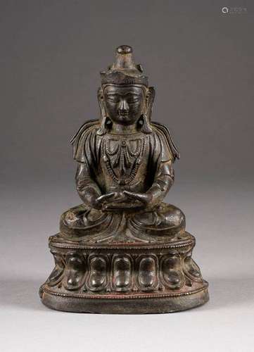 BUDDHA-FIGUR Tibet, 16./17. Jh. Bronze, dunkel