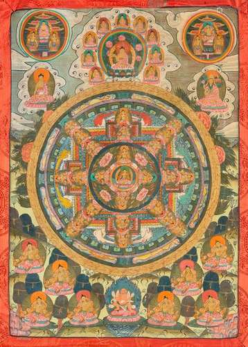 THANGKA MIT BUDDHAS Nepal, um 1900 Polychrome Bemalung