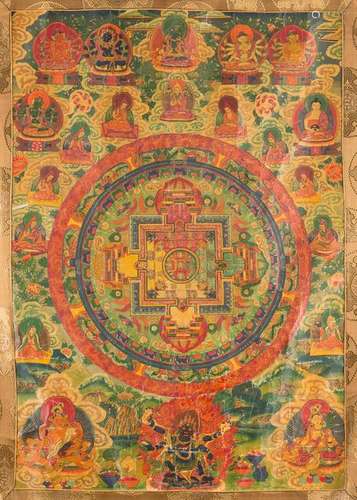 THANGKA: MANDALA MIT DARSTELLUNG VON LAMAS UND