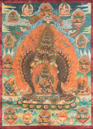 THANGKA: TODESGOTT YAMANTAKA Tibet, 19. Jh. Polychrome