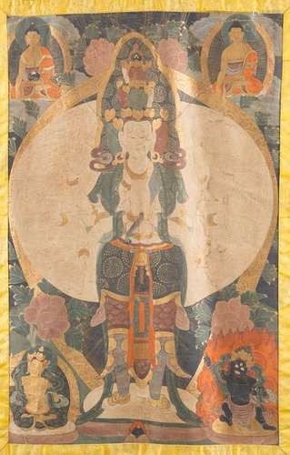 THANGKA: AVALOKITESHVARA Monlolei, 19. Jh. Polychrome