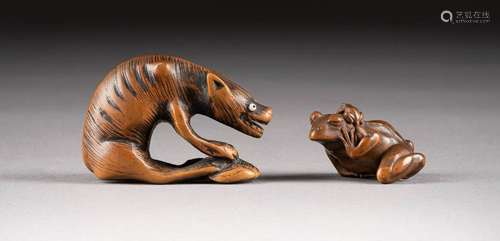 ZWEI NETSUKE Japan, um 1900 Holz (Buchsbaum),