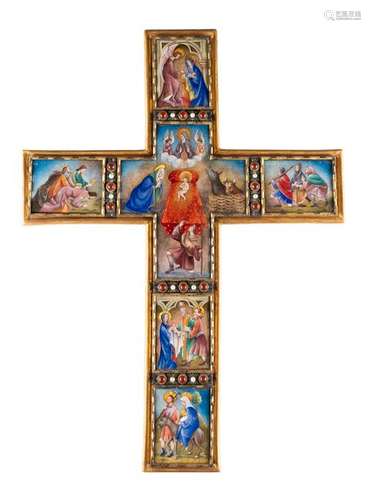 GROSSES EMAILLEKREUZ MIT SZENEN AUS DEM LEBEN JESU