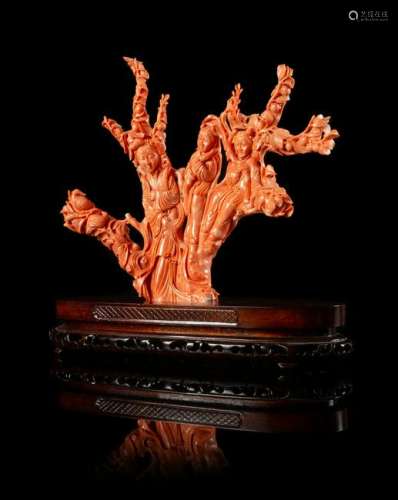 A Large Red Coral Figural Group of Female Immortals