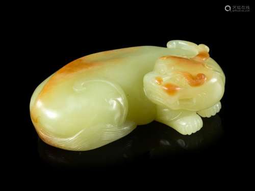 A Yellow Jade Figure of a Mythical Beast width 3 1/4