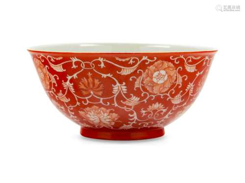 A Reverse-Decorated Coral-Ground Porcelain Bowl Diam 6