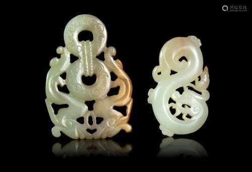 Two Reticulated Celadon Jade 'Chilong' Pendants Larger: