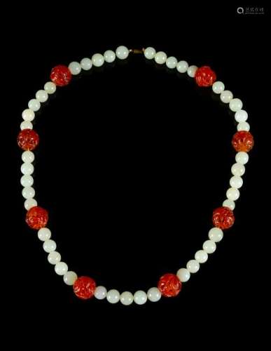 A White Jade and Agate Beaded Necklace Length 13 in.,