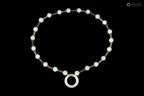 A White Jade and Silver Necklace Length 12 in., 30 cm.
