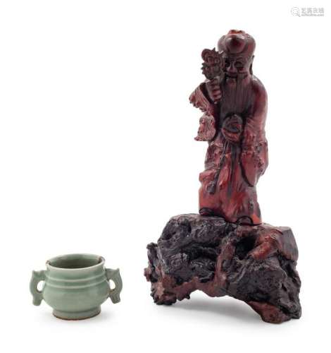 A Small Celadon Glazed Porcelain Incense Burner Figure: