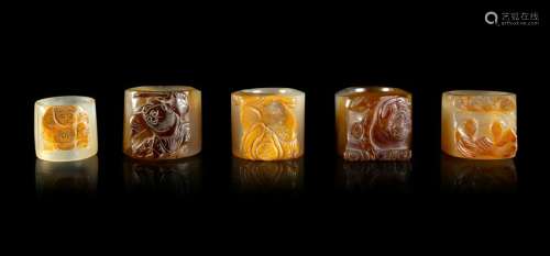 Five Carved Agate Archer's Rings Largest Interior: diam