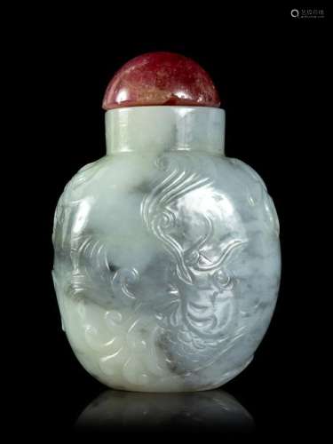 A Carved Grey and White Jade Snuff Bottle Height 2 1/4
