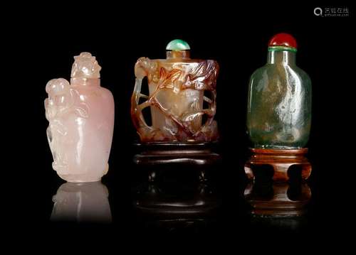 Three Hardstone Snuff Bottles Largest: height 2 1/2