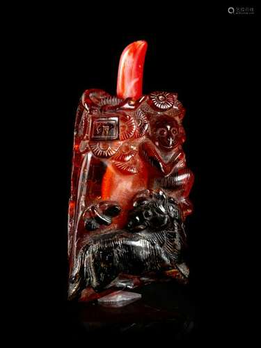 An Amber 'Horse and Monkey' Snuff Bottle Height 2 1/4