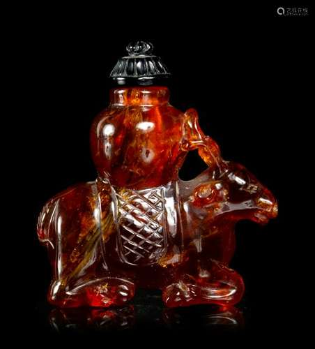 A Carved Amber  Deer  Snuff Bottle Height 1 7/8 in., 5