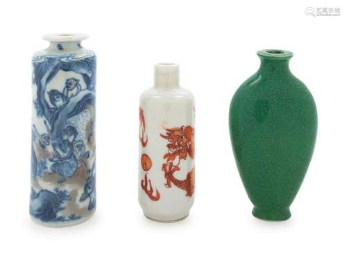 Three Porcelain Snuff Bottles Largest: 3 1/2 in., 9 cm.