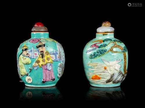 Two Enameled and Molded Porcelain Snuff Bottles Each: