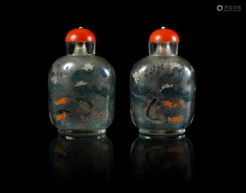 A Pair of Inside Painted Glass Snuff Bottles Each: